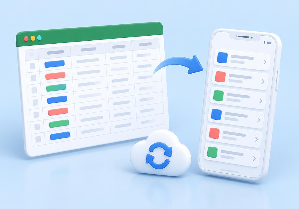 Illustration of colorful vocabulary rows moving from a spreadsheet to a language-learning phone